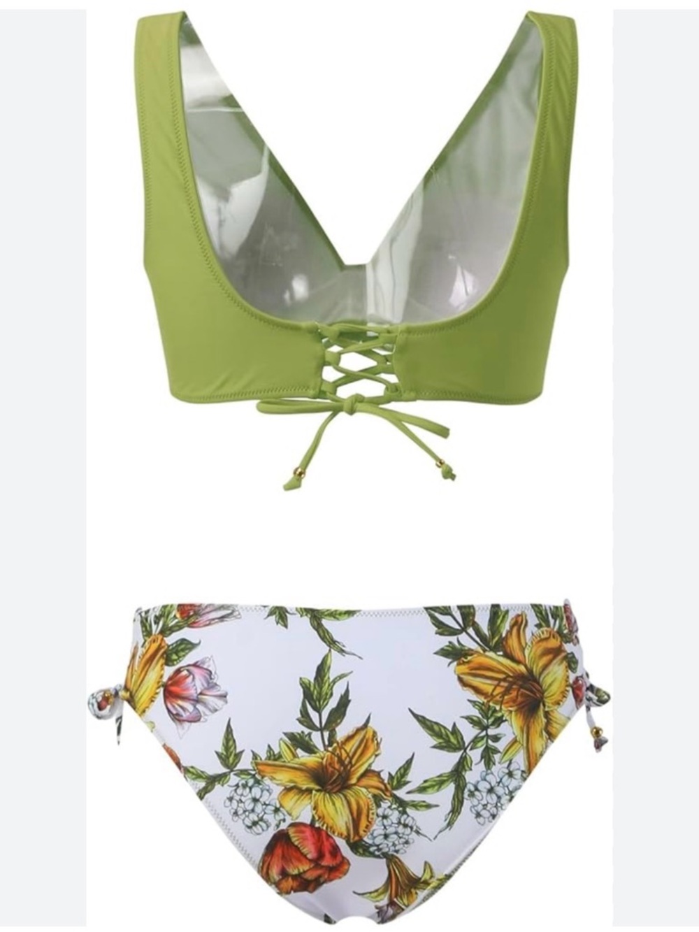 CUPSHE Olive Green Wrap Bikini Top with Floral High-Waist Tie-Side Bottoms NWT S - Picture 2 of 5